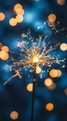 Poster - Bright Sparkler with Vibrant Orange and Blue Bokeh Background for Festive Celebrations : Generative AI