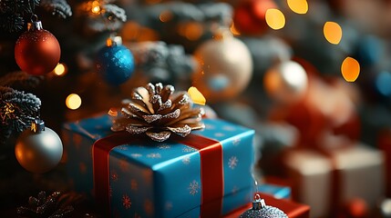 Aufkleber - Elegant Christmas Decor with Pinecones Festive Tree and Wrapped Gifts : Generative AI