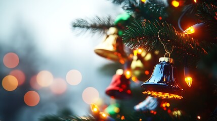 Poster - Vibrant Christmas Tree Bells and Lights with Dreamy Holiday Bokeh Background : Generative AI