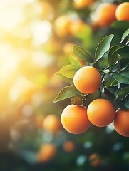 Aufkleber - Fresh Ripe Oranges Hanging on a Tree Branch with Sunlight in a Sunny Orchard Scene : Generative AI