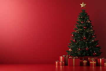 Poster - Elegant Christmas Tree Decorated with Gold Stars and Red Ornaments on a Minimalist Red Background : Generative AI