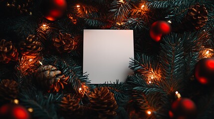 Poster - Christmas Theme Empty Card Surrounded by Pine Cones and Festive Red Ornaments : Generative AI