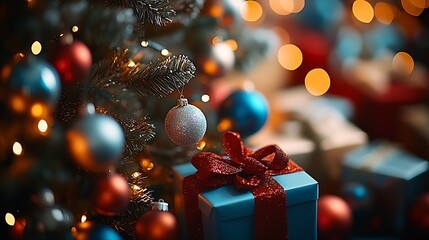 Aufkleber - Festive Christmas Tree Decor with Colorful Ornaments and Wrapped Gift Boxes : Generative AI