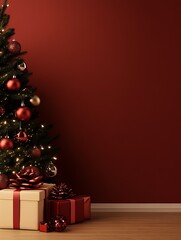 Aufkleber - Elegant Christmas Tree with Gifts and Ornaments Against Festive Red Background : Generative AI