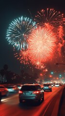 Aufkleber - Vibrant Fireworks Lighting Up The Night Sky Over Busy Highway Celebration : Generative AI