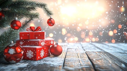 Aufkleber - Snow Covered Wooden Table with Red Gift Boxes and Baubles Under Christmas Tree : Generative AI