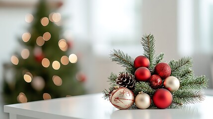 Aufkleber - Elegant Christmas Table Decor with Red and Gold Ornaments and Pine Cones : Generative AI