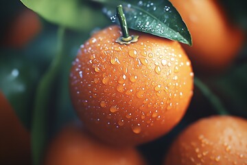 Aufkleber - Fresh Juicy Orange with Dewy Drops and Vibrant Green Leaves Close Up : Generative AI