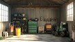 © ROY - A cluttered shed with a variety of tools and equipment, including a small tractor.