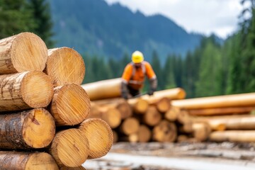 Wall Mural - logs in the forest, symbolizing the harvesting and processing of wood.