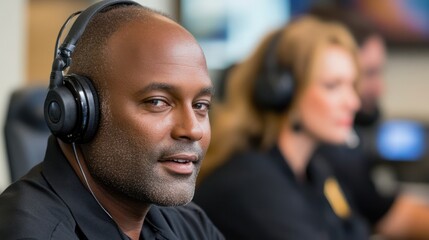 Poster - A focused individual wearing headphones in a professional setting, engaged in communication.