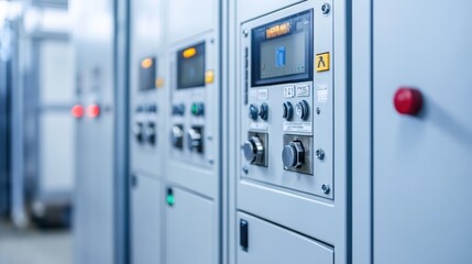 Poster - Control panels in an industrial setting, showcasing monitoring and operational functions.