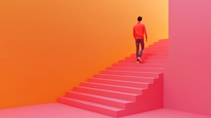 Poster - A person ascends colorful stairs in a vibrant, abstract space.
