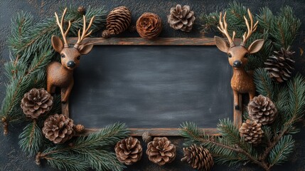 Rustic Christmas Chalkboard Frame: A cozy winter scene with pine branches, pinecones, and adorable reindeer figurines surrounding a rustic chalkboard, offering a blank canvas for your festive message.