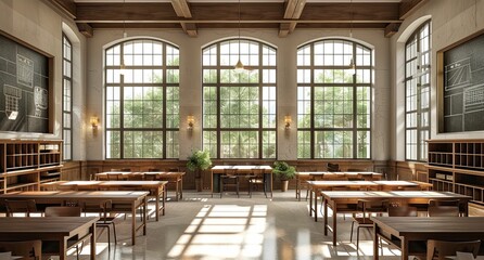 Wall Mural - Empty classroom with wooden desks and chairs.