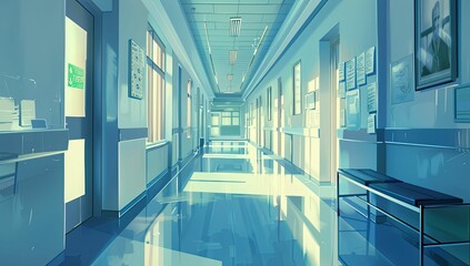 Wall Mural - A long, blue, empty hospital hallway.