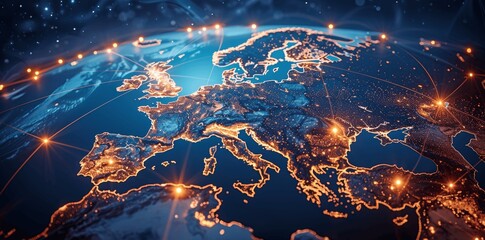 Poster - Digital Map of Europe Highlighting Middle East Connectivity, Global Network and Business Exchange, Online Communication Technology, Global Trade, Glowing Light Effects