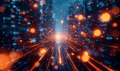 Poster - High-Speed Digital Data Background with Glowing Blue and Orange Lines