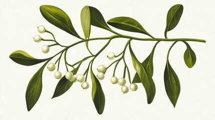 a tree branch adorned with white blossoms and green foliage, featuring tiny white orbs dangling from