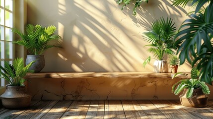 Poster - Minimalist Wooden Counter with Palm Leaf Shadow on Beige Wall for Skincare Product Display