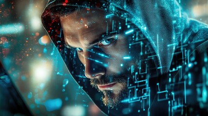 Cybercrime  hacker and thinking at computer for virus  overlay and futuristic at desk. Male criminal  hoodie and ready for coding