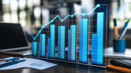 Poster - Modern Digital Bar Graph on Transparent Screen Over Office Desk with Notepad, Pens, and Soft Focus Background Showing Business Growth and Data Analysis