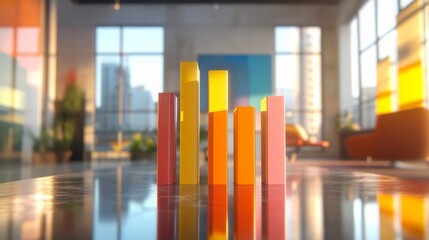 Aufkleber - Colorful geometric shapes creating an abstract visual representation of growth and progress in a stylish modern interior with vibrant sunlight streaming through large windows