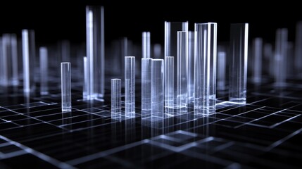 Poster - abstract digital landscape of glass-like structures rising from a grid, symbolizing data visualizati
