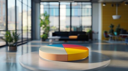 Fototapete - Colorful Pie Chart on Table in Modern Office Space with Large Windows, Plants, and Comfortable Seating Areas Illuminated by Natural Light