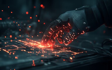 Fototapete - A robotic hand with glowing red accents interacts with a circuit board, surrounded by vibrant sparks, evoking a futuristic technology theme.