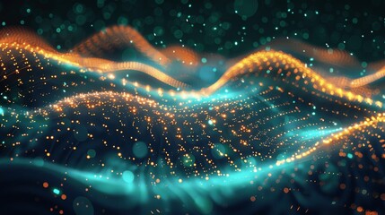Poster - Abstract Digital Wave with Glowing Particles in Green, Blue and Gold on Dark Background