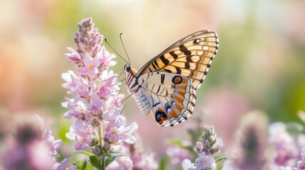 Poster - Vibrant Butterfly perched delicately on a blooming flower with soft pastel hues, showcasing intricate patterns and colors in a serene garden setting
