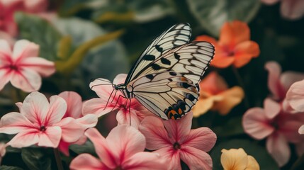 Poster - Delicate Butterfly Resting on Vibrant Pink Flowers in a Lush Garden, Showcasing Nature's Beauty and the Harmony of Pollination in a Serene Atmosphere