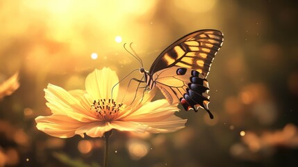 Poster - Beautiful Butterfly Sitting on Bright Yellow Flower with Sunlight Glowing in the Background, Capturing the Essence of Nature and Fragility in Early Morning
