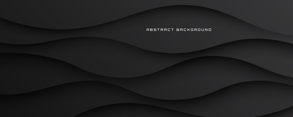 Poster - 3d black abstract background overlap layer on dark space with flowing waves effect decoration. moder