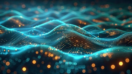 Poster - Abstract Digital Cyberspace Landscape with Glowing Particles in Green Blue and Gold