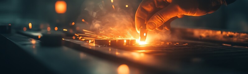 Aufkleber - A close-up of a hand manipulating a glowing surface, sparks flying, showcasing the artistry and precision of metalworking or welding.