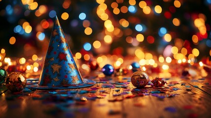 Aufkleber - Colorful Party Hat and Ornaments Surrounded by Bright Bokeh Lights on Wooden Surface, Perfect for Celebrations and Festive Occasions