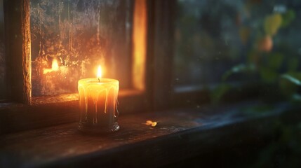 Aufkleber - Warm Glow of Candlelight Illuminating a Cozy Window Scene with Soft Reflections and Subtle Nature Elements as Evening Approaches