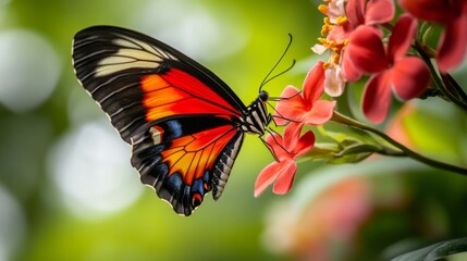 Poster - Colorful Butterfly Perched on Bright Flowers in a Lush Garden, Showcasing Nature's Beauty and Intricate Patterns in Vibrant Detail