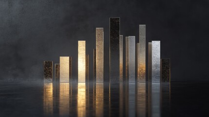 Aufkleber - Abstract representation of a modern data visualization with reflective bars shining in varied heights and illuminated by warm light, set against a dark atmospheric background