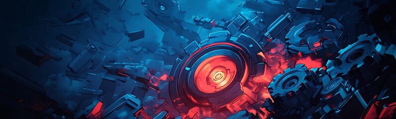 Poster - A digital artwork depicting a futuristic, high-tech landscape illuminated by vibrant red and blue lights, suggesting an underwater or cosmic setting.