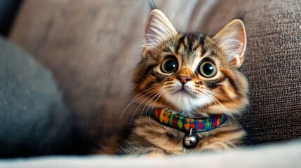 Poster - Adorable fluffy kitten with big eyes resting on a cozy couch, showcasing its vibrant collar and playful expression, perfect for pet lovers and cat enthusiasts.