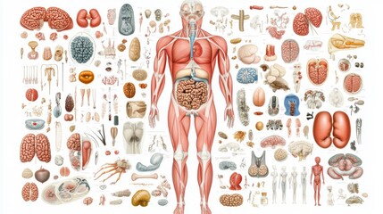 Poster - Detailed Anatomical Chart Illustrating Human Body Organs, Muscles, and Systems for Educational and Medical Purposes Including Diagrams of Anatomy and Physiology