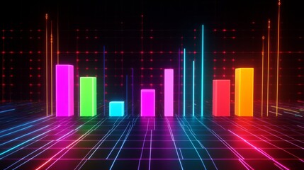 Poster - Colorful Neon Bar Graph on a Dark Background Representing Data Visualization and Analysis in a Futuristic Digital Environment