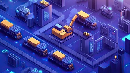 Poster - Automated warehouse with robotic arms and cargo vehicles