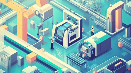 Poster - Isometric Illustration of an Automated Factory with Workers and Machinery