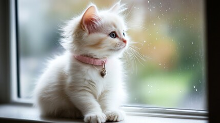 Poster - A Cute Fluffy White Kitten with Blue Eyes Sitting on a Windowsill Looking Out at a Rainy Day with a Soft Background of Nature and Beautiful Bokeh Effects