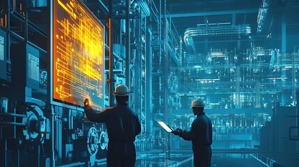 Poster - Two Workers in a Futuristic Industrial Setting Interacting with a Digital Interface