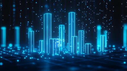 Poster - abstract digital cityscape with glowing blue buildings and data points representing technology, inno